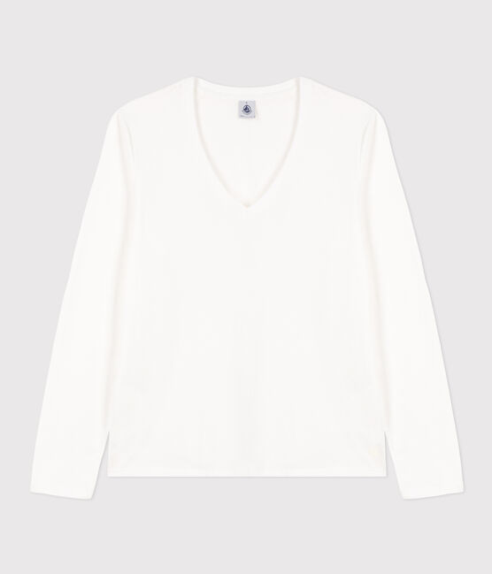 Langärmeliges Damen-T-Shirt "Le Droit" mit V-Ausschnitt aus feinem Jersey weiss ECUME