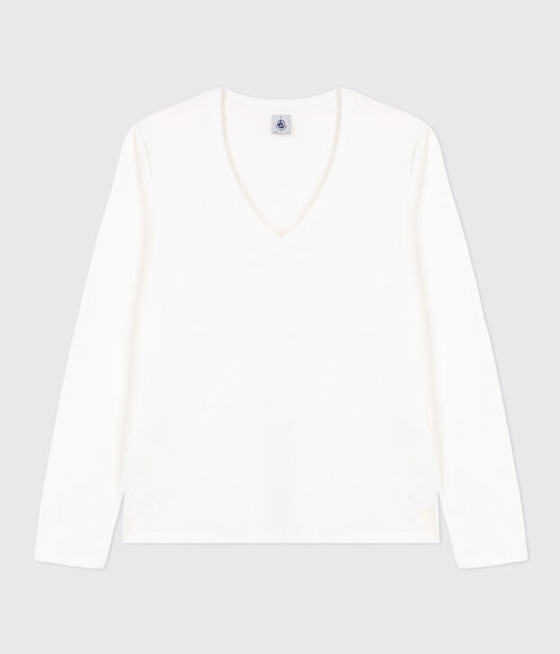 Lang&auml;rmeliges Damen-T-Shirt Le Droit mit V-Ausschnitt aus feinem Jersey weiss