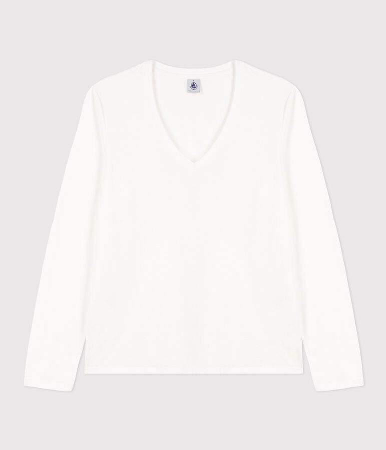 Lang&auml;rmeliges Damen-T-Shirt Le Droit mit V-Ausschnitt aus feinem Jersey weiss