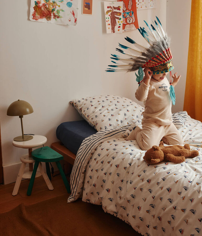 Bett- und Kissenbezug mit Segelbooten f&uuml;r Kinder weiss MARSHMALLOW/blau MEDIEVAL/ MULTICO