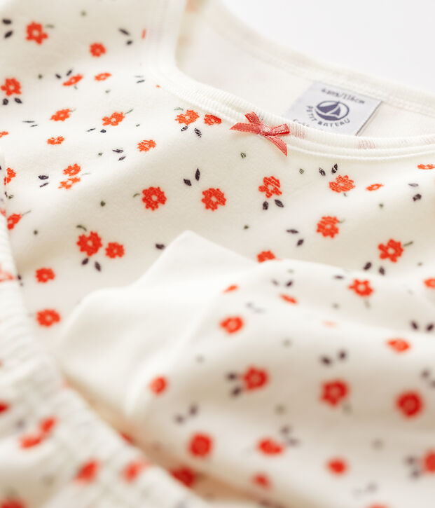 Kinderpyjama aus Nicki mit Blumenmotiv f&uuml;r  M&auml;dchen weiss/vielfarbig
