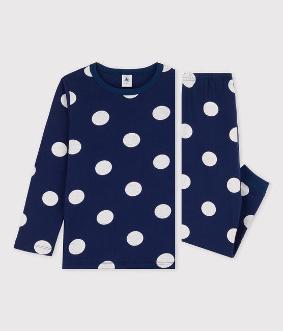 Kinderpyjama aus Bio-Baumwolle mit Pünktchenmuster blau MEDIEVAL/weiss MARSHMALLOW