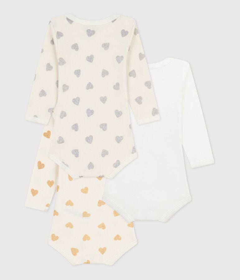 Set lang&auml;rmeliger Baby-Bodys aus Baumwolle mit Pailletten-Herzen vielfarbig