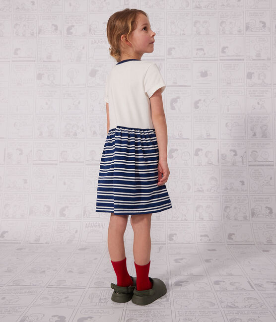 Kurzärmeliges Kinderkleid aus Baumwolle für Mädchen blau MEDIEVAL/weiss MARSHMALLOW