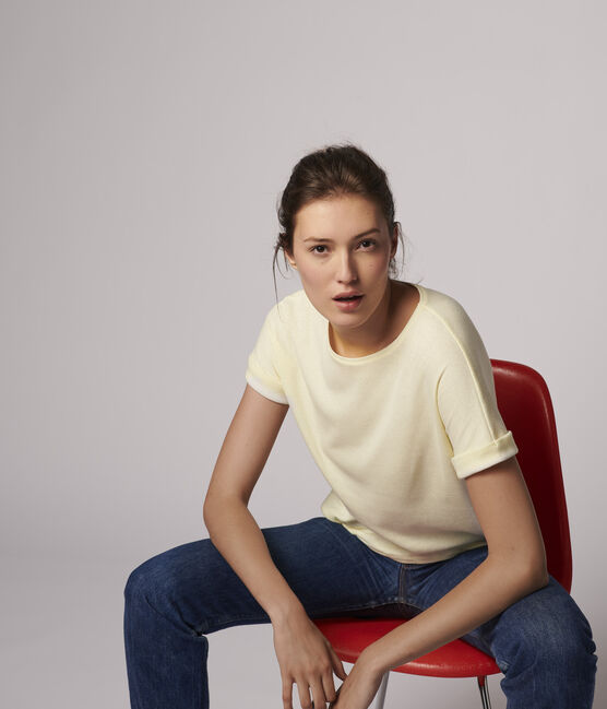 Einfarbiges T-Shirt aus Baumwolle/Leinen Damen weiss MARSHMALLOW