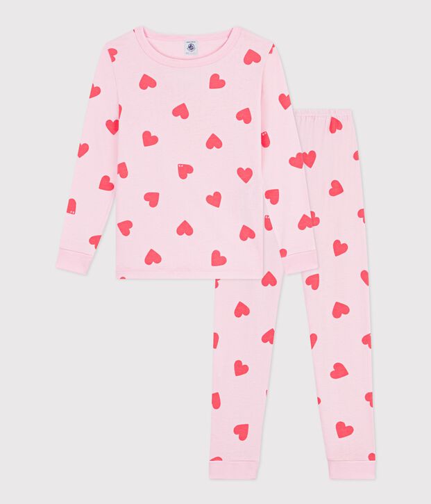 Eng anliegender Kinder-Pyjama aus Baumwolle mit Herzmotiv rosa/orange
