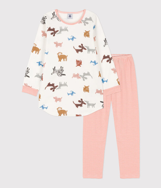 Nachthemd aus Molton mit Hundemotiv f&uuml;r M&auml;dchen weiss/vielfarbig