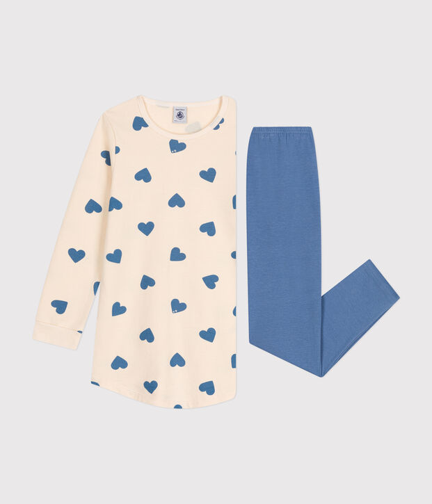 Kinder-Nachthemd aus aufgerautem Molton mit Herzen blau/naturfarben