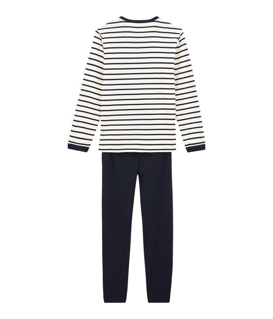 Kinderpyjama aus Rippstrick für Jungen weiss MARSHMALLOW/blau SMOKING