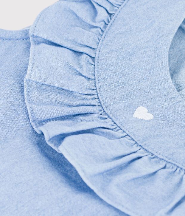 &Auml;rmellose Baby-Bluse aus besticktem Chambray-Baumwollstoff blau