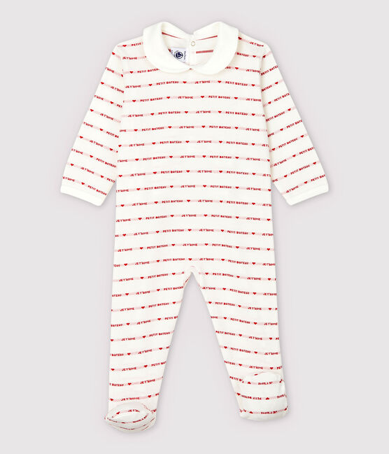 Baby-Strampler aus Jacquard mit Petit Bateau-Motiv "je t'aime" für Mädchen weiss MARSHMALLOW/rot TERKUIT