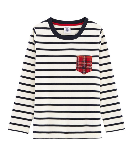 Langärmeliges Kinder-T-Shirt Jungen weiss MARSHMALLOW/blau SMOKING