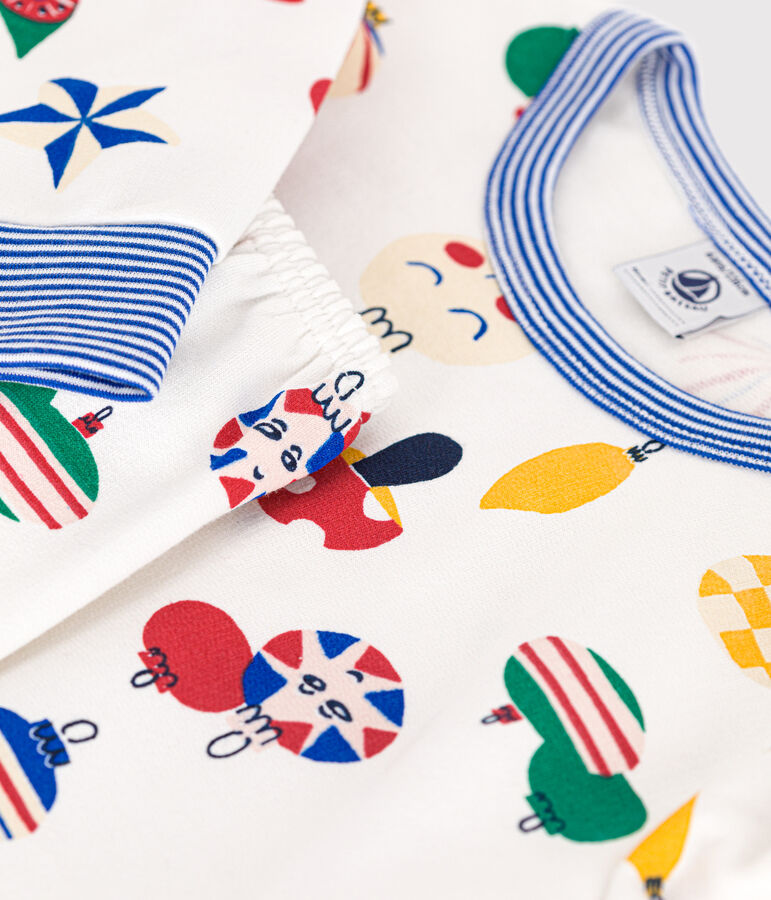 Kinder-Pyjama aus aufgerautem Molton mit Weihnachtskugel-Motiv weiss MARSHMALLOW/weiss MULTICO