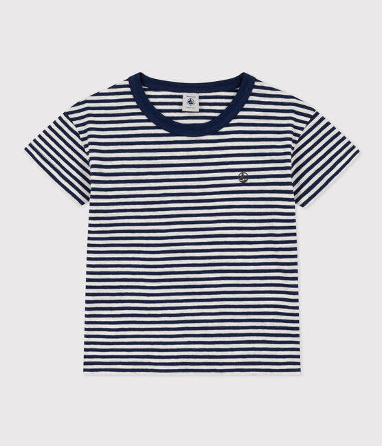 Gestreiftes Kinder-T-Shirt aus Baumwolle für Jungen blau MEDIEVAL/weiss MARSHMALLOW