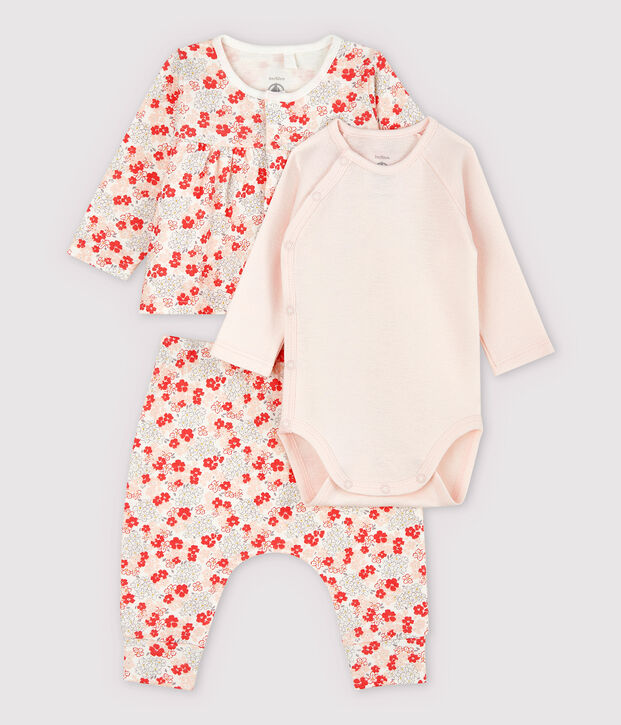 Dreiteiliges Baby-Set aus Bio-Baumwolle in Rosa weiss/vielfarbig