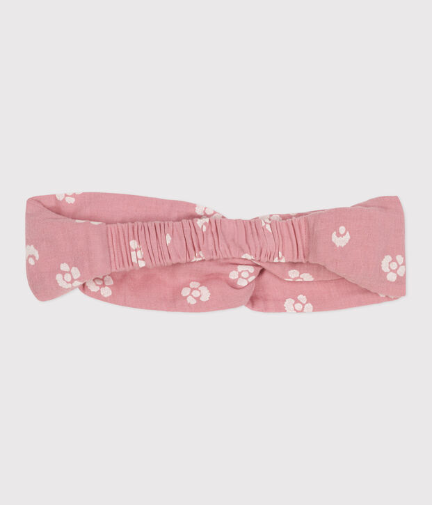 Kinderstirnband aus Baumwollgaze mit Blumendruck rosa/weiss