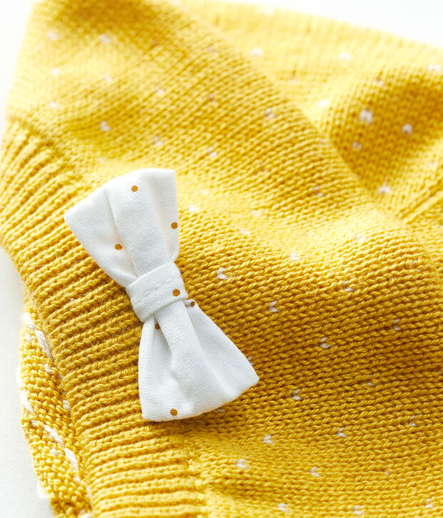 Baby-Baskenm&uuml;tze aus Strick. gelb/weiss