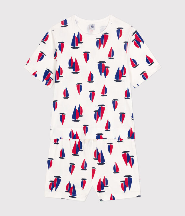 Kurzer Damen-Pyjama, Shorts und T-Shirt aus Baumwolle mit Schiff-Motiv weiss/vielfarbig