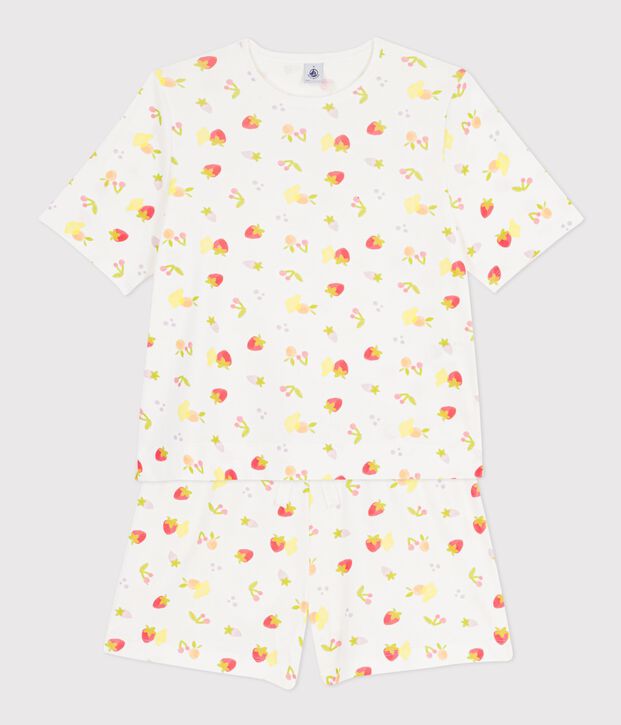 Damen-Baumwollpyjama mit kurzen &Auml;rmeln und Fruchtmuster weiss/vielfarbig