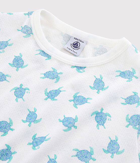 Kinder-Kurzpyjama aus ultra-leichter Baumwolle mit Schildkrötenmotiv weiss MARSHMALLOW/weiss MULTICO