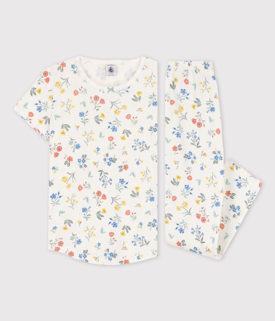 Kurzärmeliger Kinderpyjama aus Baumwolle mit Blumen für Mädchen weiss MARSHMALLOW/weiss MULTICO