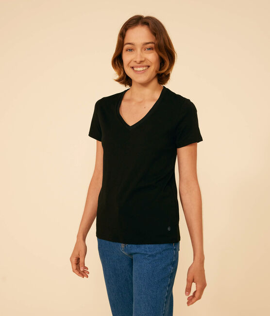 Damen-T-Shirt LE DROIT aus Baumwolle mit V-Ausschnitt blau SMOKING