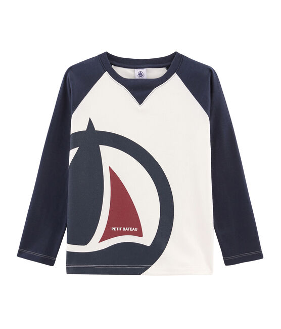 Langärmeliges Kinder-T-Shirt Jungen weiss MARSHMALLOW/blau SMOKING