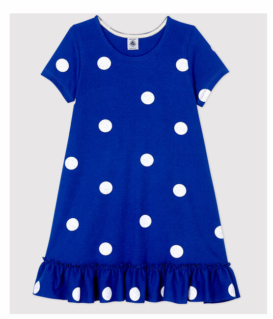 Kurzärmeliges Kinder-Kleid aus Baumwolle und Leinen für Mädchen blau SURF/weiss MARSHMALLOW