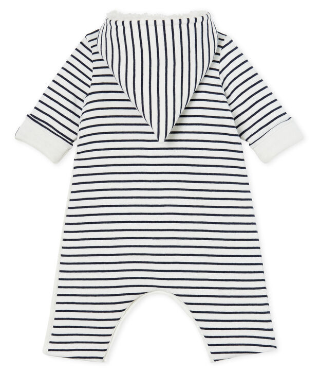 Langer Baby-Overall aus wattiertem Rippstrick weiss/blau