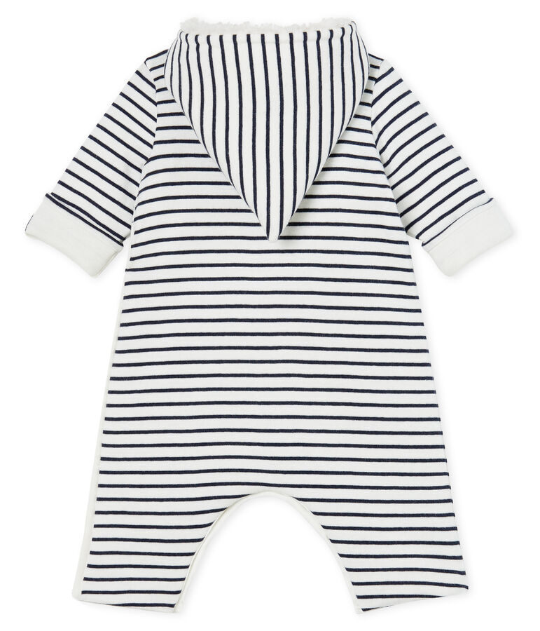 Langer Baby-Overall aus wattiertem Rippstrick weiss/blau