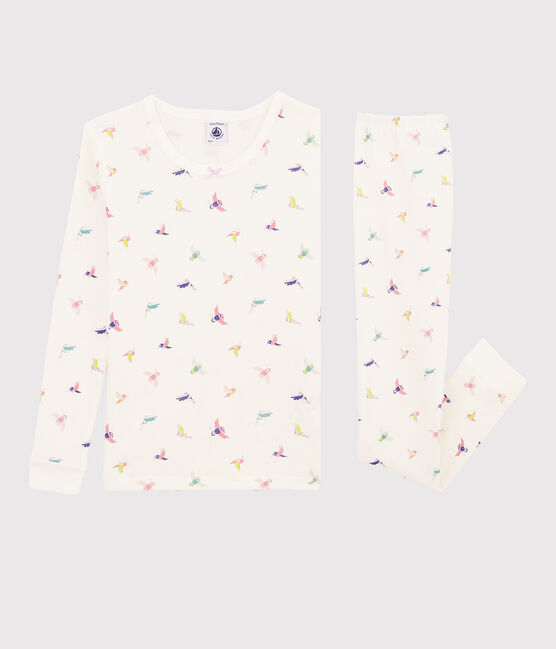 Snugfit-Kinderpyjama aus Rippstrick mit Vogelmotiv für Mädchen weiss MARSHMALLOW/weiss MULTICO