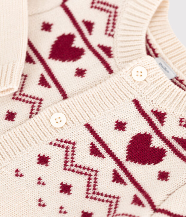 Baby-Cardigan aus Woll- und Baumwollstrick mit Herzmotiv naturfarben/rot