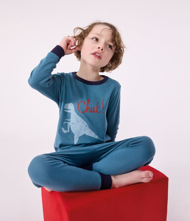 Lang&auml;rmeliger Kinder-Pyjama aus Baumwolle mit Dinos gr&uuml;n