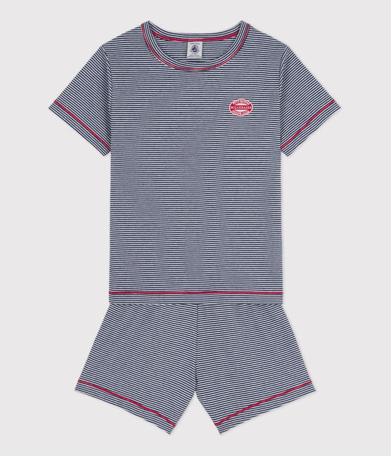 Kinder-Kurzpyjama aus Baumwolle mit Ringelstreifen für Jungen blau MEDIEVAL/weiss MARSHMALLOW