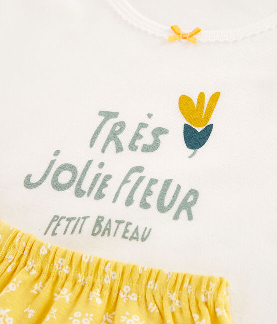 Kinder-Kurzpyjama aus Baumwolle mit Blumen für Mädchen weiss MARSHMALLOW/ ORGE