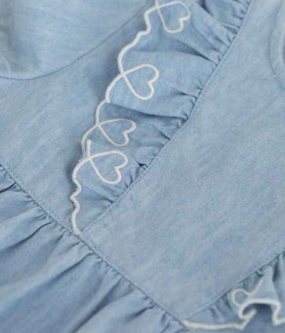 Kurzärmeliges Baby-Kleid aus Chambray mit Herz-Stickereien blau BLEU CLAIR