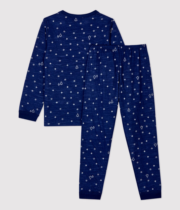 Kinderpyjama im Jacquard-Stil aus Wolle/Baumwolle mit Schneeflockenmotiv blau/weiss