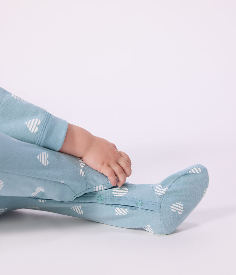 Strampler aus aufgerautem Molton mit Herzmotiv gr&uuml;n/weiss