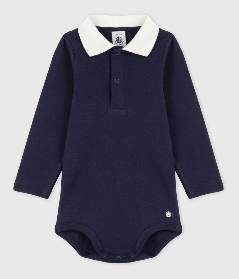 Baby-Body mit Polokragen aus einfarbiger Baumwolle blau