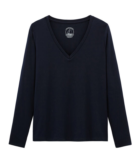 Langärmliges T-Shirt aus Sea Island-Baumwolle für Damen blau MARINE
