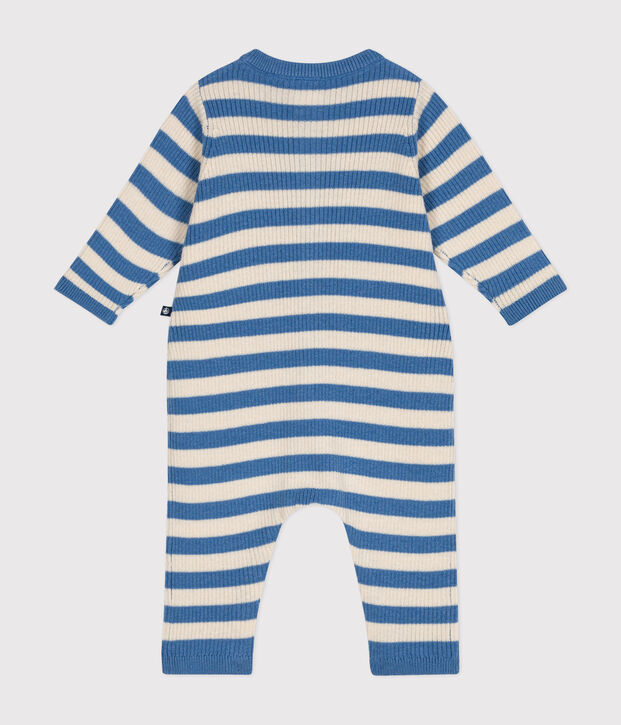 Gestreifter Baby-Overall aus Woll- und Baumwollstrick blau/naturfarben
