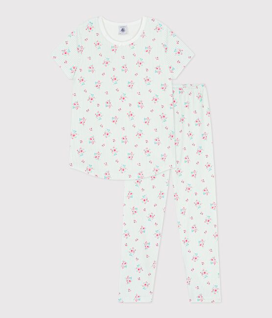Kurzärmeliger Kinder-Pyjama mit langer Hose aus geblümter Baumwolle weiss MARSHMALLOW/weiss MULTICO