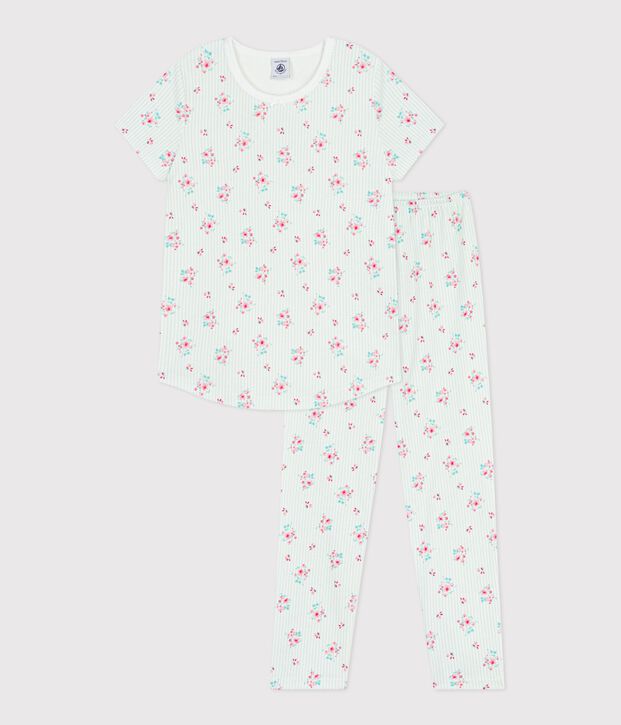 Kurz&auml;rmeliger Kinder-Pyjama mit langer Hose aus gebl&uuml;mter Baumwolle weiss/vielfarbig