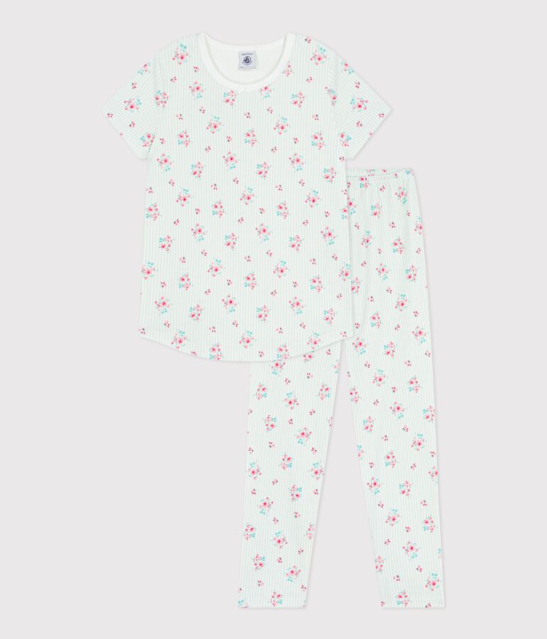 Kurz&auml;rmeliger Kinder-Pyjama mit langer Hose aus gebl&uuml;mter Baumwolle weiss/vielfarbig