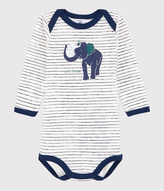 Langärmeliger Baby-Body Mädchen/Jungen weiss MARSHMALLOW/blau MEDIEVAL