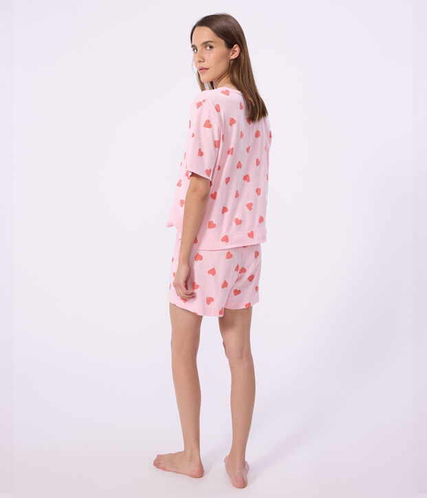 Damen-Kurzpyjama aus Baumwolle mit Herzmotiv rosa/orange