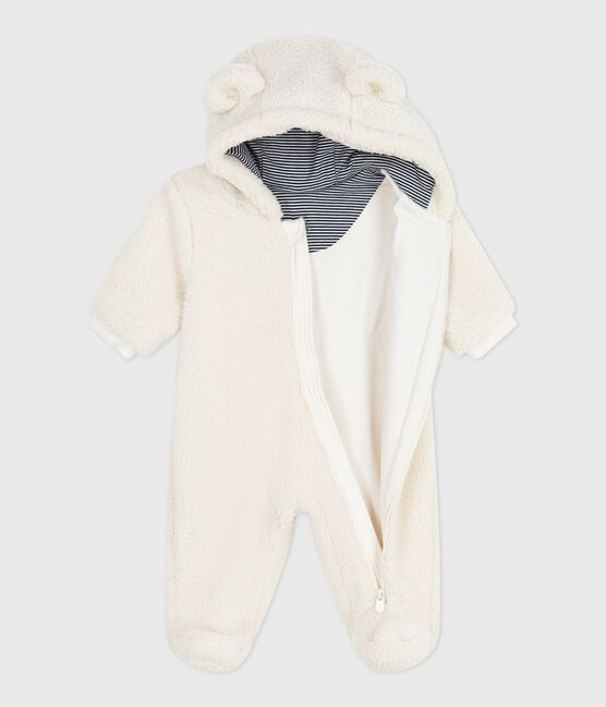 Baby-Schneeanzug aus Sherpa mit Öhrchen und Ringelstreifen-Futter  naturfarben MILK