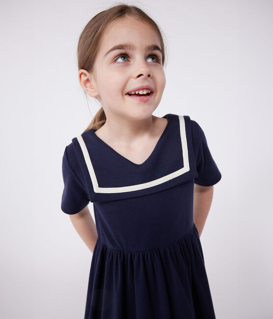 Kurzärmeliges Kinder-Kleid aus einfarbiger Baumwolle  blau SMOKING