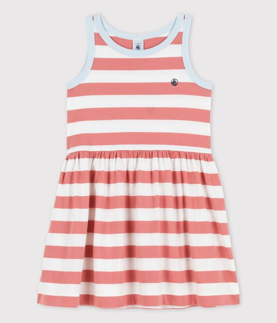Ärmelloses gestreiftes Kleid aus Baumwolle für Mädchen rosa PAPAYE/ MARSHMALLOW