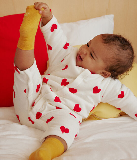 Langer wattierter Baby-Overall aus Baumwolle weiss MARSHMALLOW/rot TERKUIT